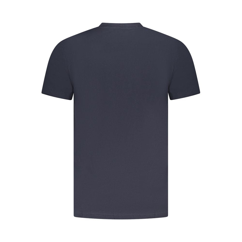 Alt Tag: Rear view of Cavalli Class Blue Cotton Men T-Shirt showcasing modern luxury design with short sleeves.