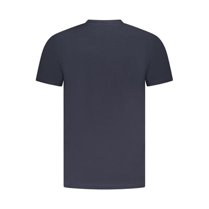 Alt Tag: Rear view of Cavalli Class Blue Cotton Men T-Shirt showcasing modern luxury design with short sleeves.