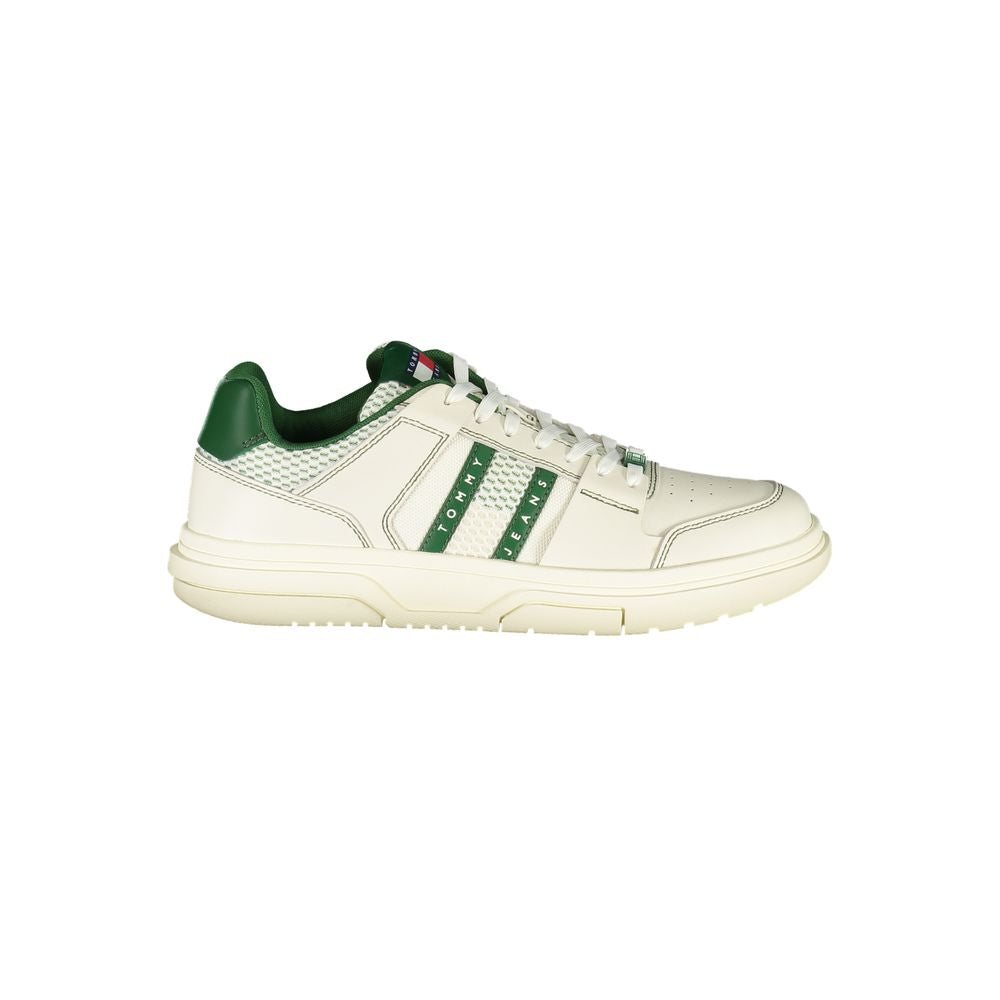 Tommy Hilfiger Green Leather Men Sneaker featuring green accents and stylish design, ideal for combining functionality with fashion.