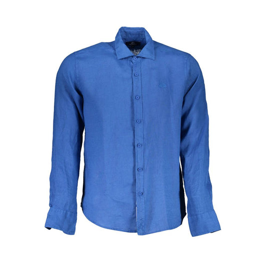 La Martina Blue Linen Men Shirt with French collar and single-button cuffs for sophisticated style