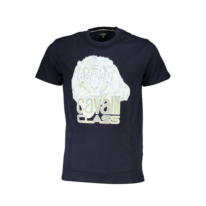 Cavalli Class Blue Cotton Men T-Shirt with bold logo print, luxury designer fashion, premium cotton, contemporary elegance.