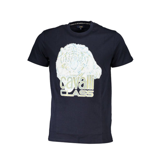 Cavalli Class Blue Cotton Men T-Shirt with bold logo print, luxury designer fashion, premium cotton, contemporary elegance.
