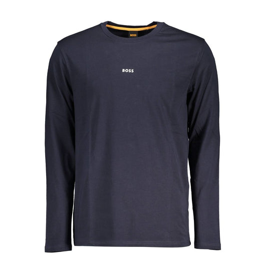Hugo Boss Blue Cotton Men T-Shirt, long sleeve crew neck with logo, organic cotton blend for stylish comfort.