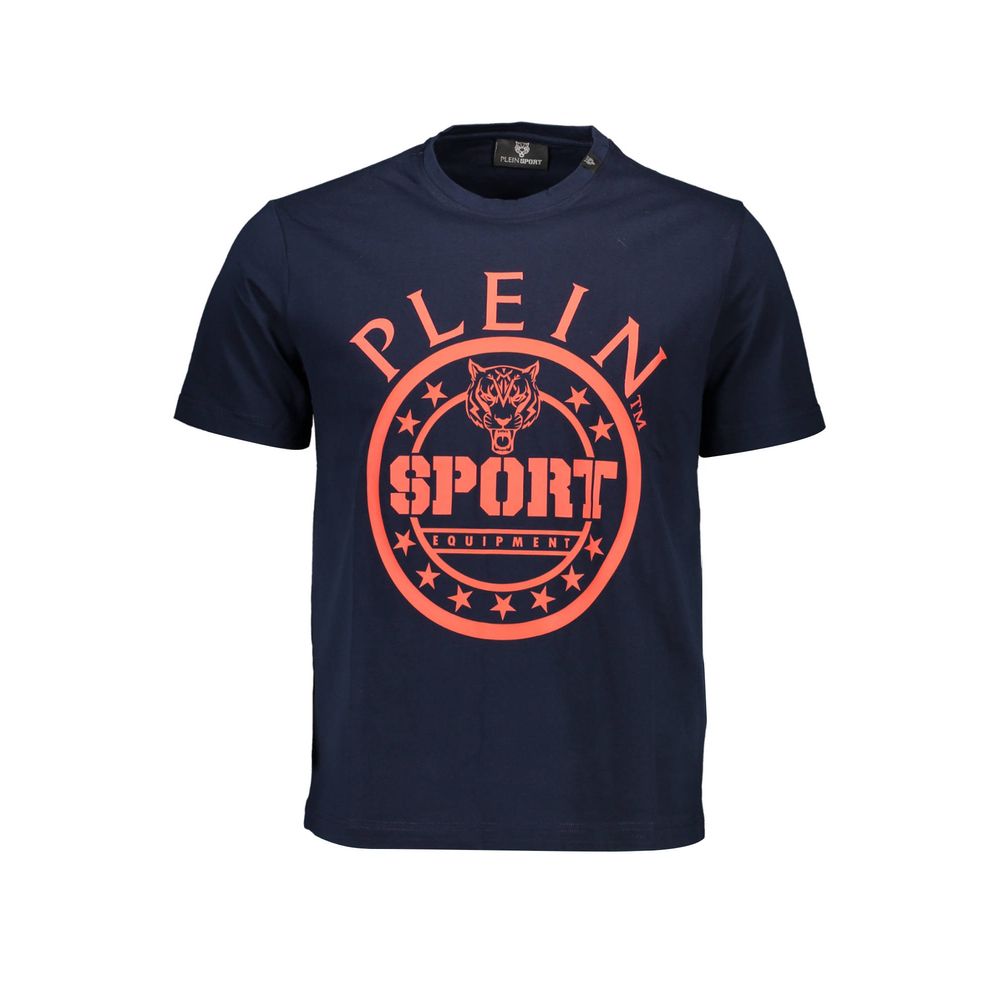 Plein Sport Blue Cotton Men T-Shirt with bold logo print and short sleeves, showcasing modern style and high-quality craftsmanship.