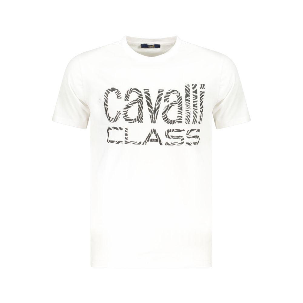 Cavalli Class White Cotton Men T-Shirt with iconic logo design, short sleeve, crew neck, premium material, chic casual wear for modern men.