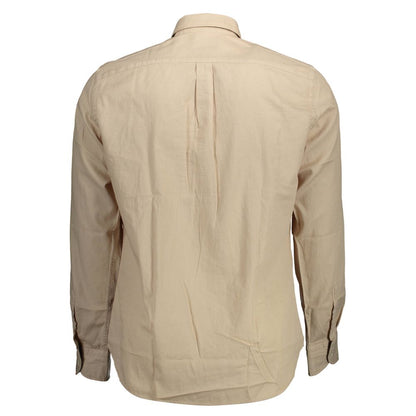 Back view of Harmont & Blaine Beige Cotton Men Shirt with button-down collar and long sleeves