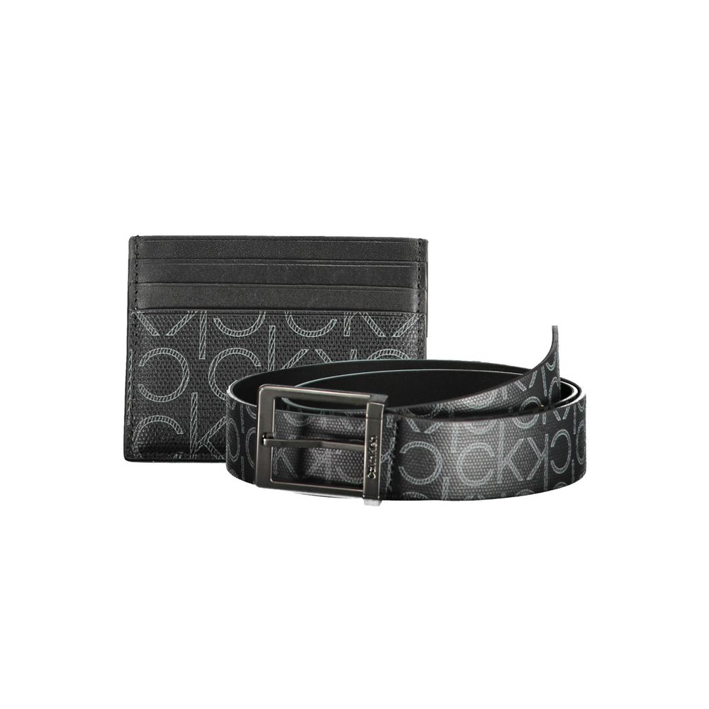 Calvin Klein Black Polyethylene Mens Wallet with logo card holder and belt, 95cm length, stylish modern accessories set