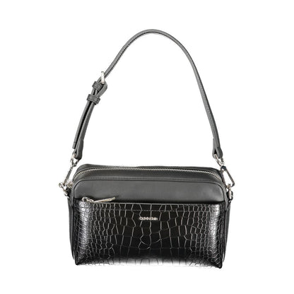 Calvin Klein Black Polyester Handbag with adjustable strap, external pocket, and contrast details.