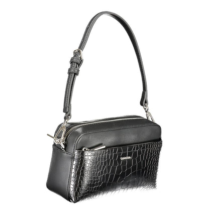 Calvin Klein Black Polyester Handbag with adjustable strap, external pocket, contrast details, and logo.