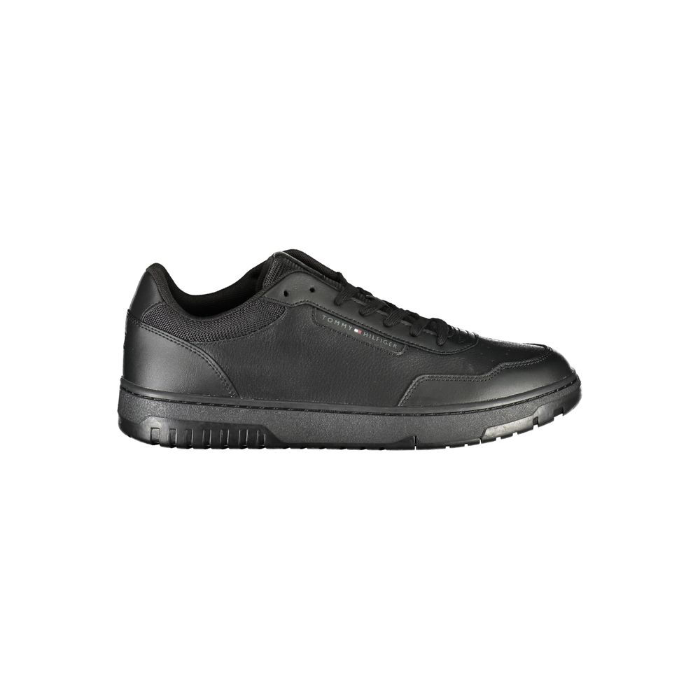Tommy Hilfiger Black Leather Men Sneaker featuring sleek design, iconic logo, and removable footbed for ultimate comfort and style.
