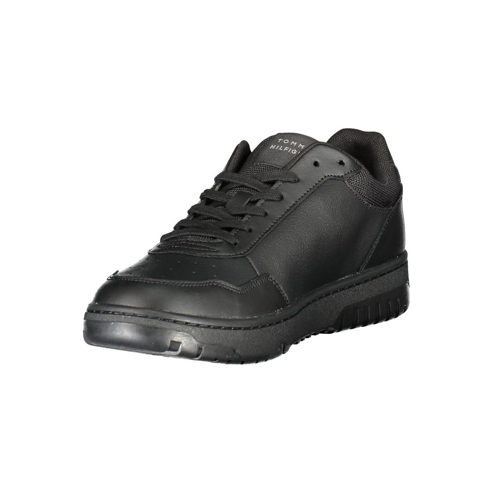 Tommy Hilfiger Black Leather Men Sneaker with sleek design and iconic logo, featuring a removable footbed for comfort and style.