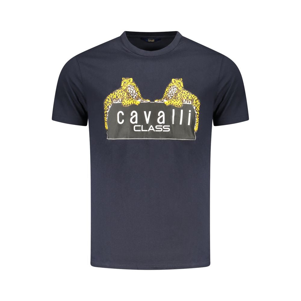 Cavalli Class Blue Cotton Men T-Shirt with crew neck and striking print featuring Cavalli Class logo, perfect blend of luxury and casual elegance.