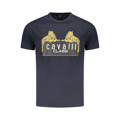 Cavalli Class Blue Cotton Men T-Shirt with crew neck and striking print featuring Cavalli Class logo, perfect blend of luxury and casual elegance.