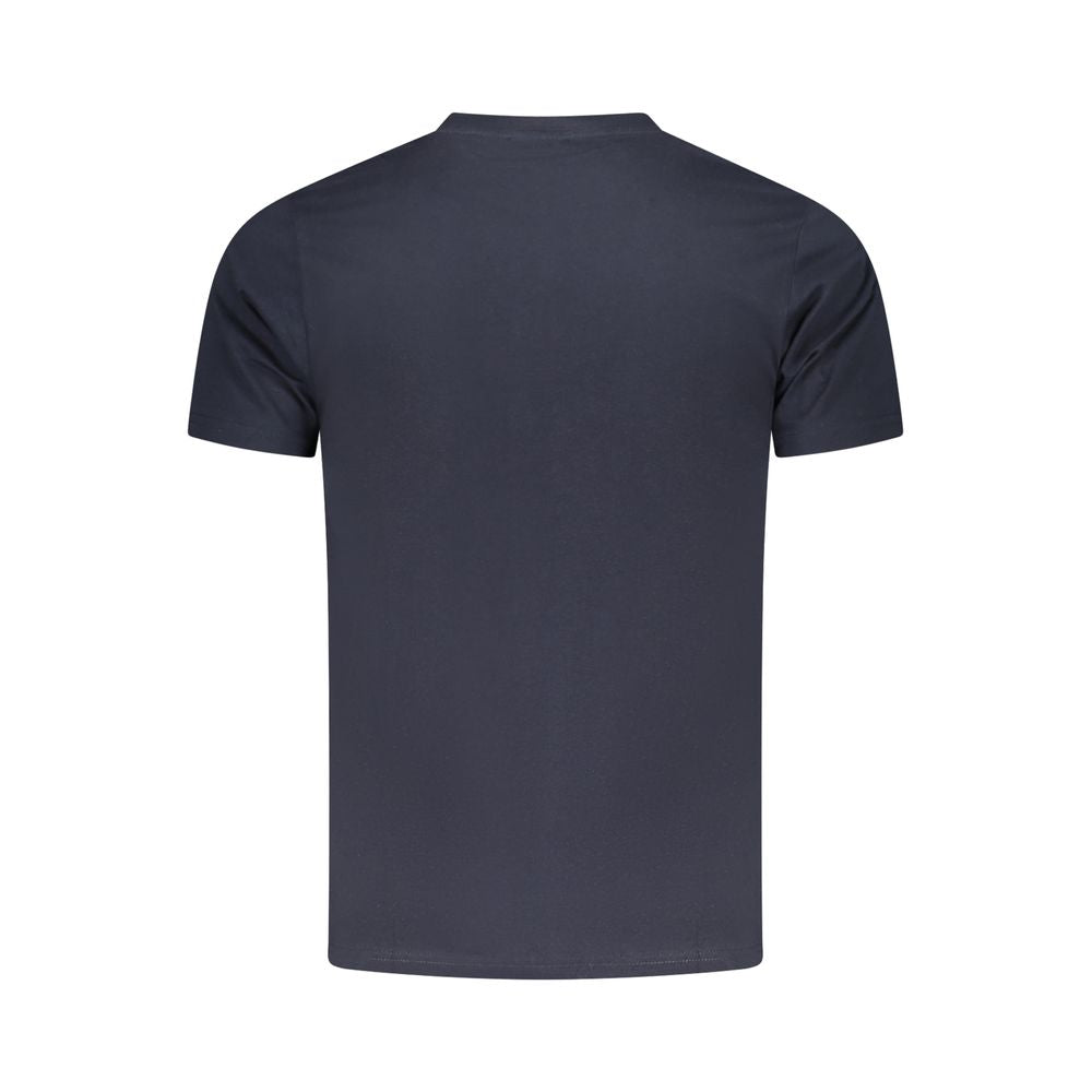 Back view of Cavalli Class Blue Cotton Men T-Shirt with short sleeves and crew neck, showcasing casual luxury and the Cavalli Class logo.