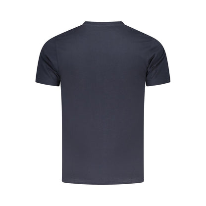 Back view of Cavalli Class Blue Cotton Men T-Shirt with short sleeves and crew neck, showcasing casual luxury and the Cavalli Class logo.