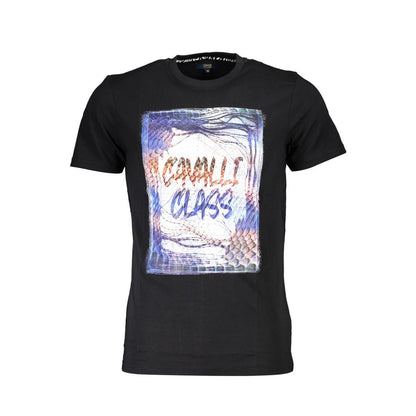 Cavalli Class Black Cotton Men T-Shirt with bold logo print and crew neck design for a stylish fashion-forward look.