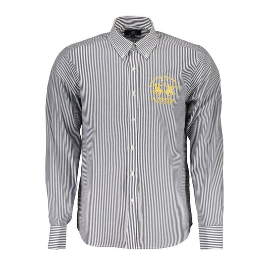Striped La Martina Blue Cotton Men Shirt with elegant embroidery and logo, perfect for day to night wear with sharp button-down collar.