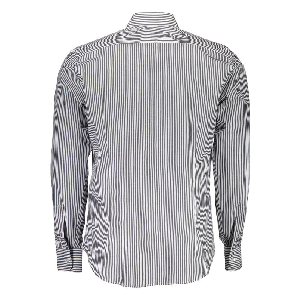 Back view of La Martina Blue Cotton Men Shirt with button cuffs and striped detail.