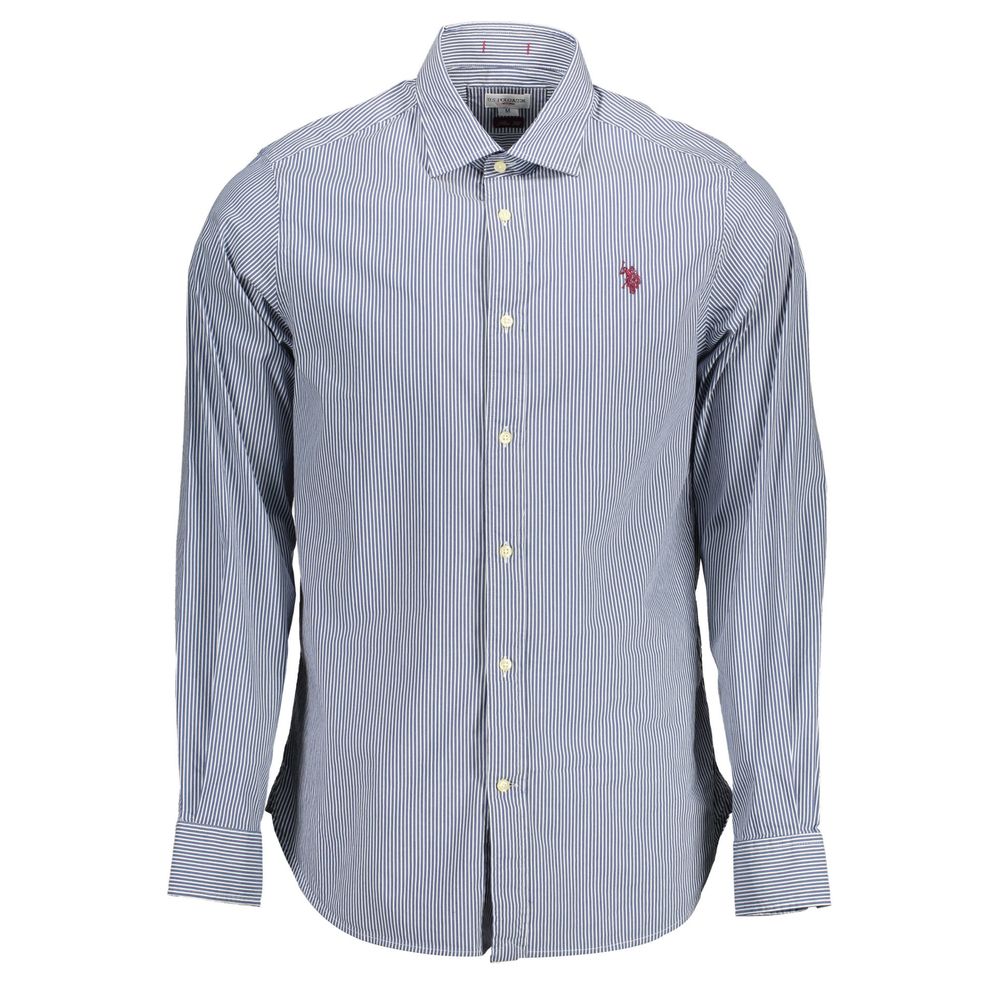 U.S. POLO ASSN. Blue Cotton Men Shirt featuring slim fit, French collar, long sleeves, and signature logo embroidery.