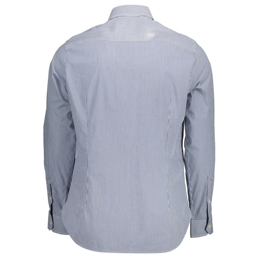 Rear view of U.S. POLO ASSN. Blue Cotton Men Shirt with long sleeves and striped pattern, perfect for preppy sophistication.