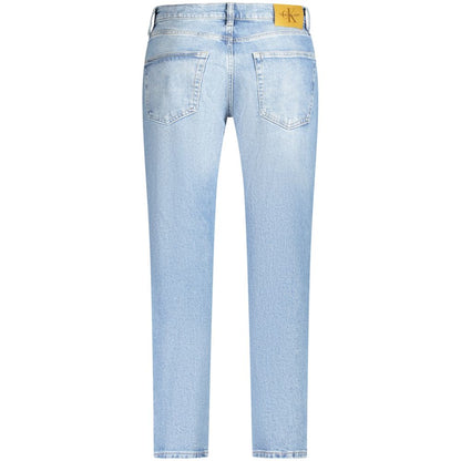 Calvin Klein Blue Cotton Men Jeans with washed effect, classic pockets, button closure, and logo detail for stylish men.