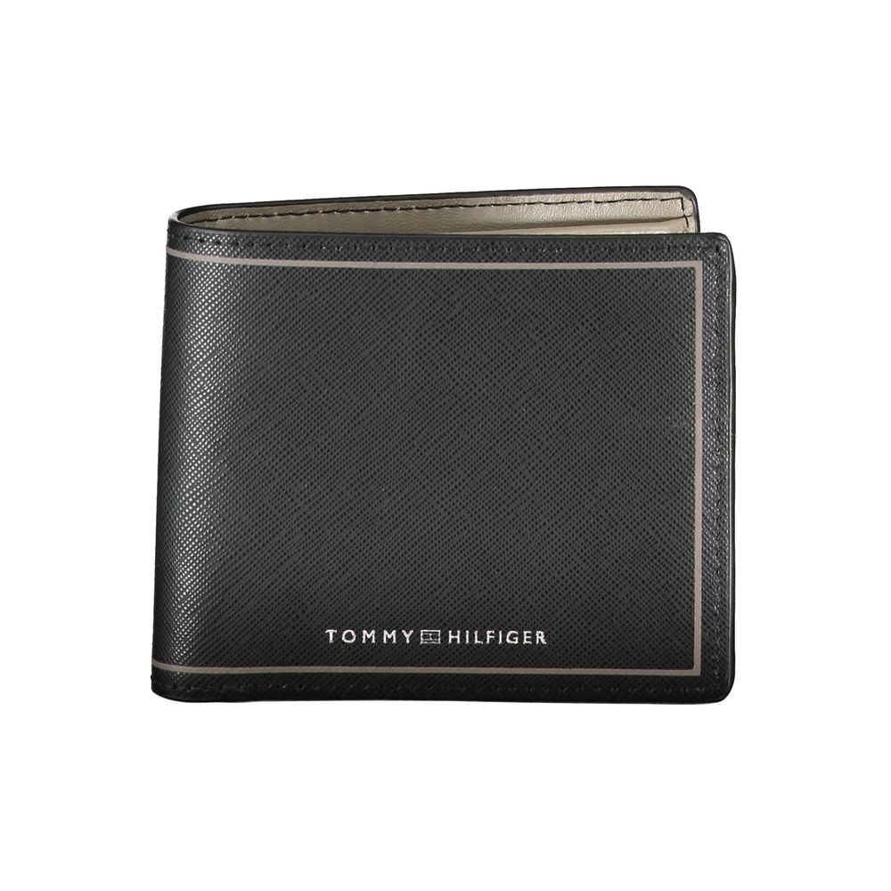 Tommy Hilfiger Black Leather Wallet with contrast details, card spaces, coin purse, and logo on front.