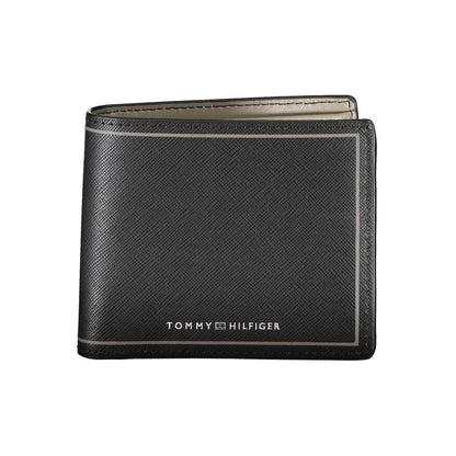 Tommy Hilfiger Black Leather Wallet with contrast details, card spaces, coin purse, and logo on front.