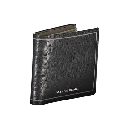 Tommy Hilfiger Black Leather Wallet with card slots and coin purse, featuring contrast details and logo.
