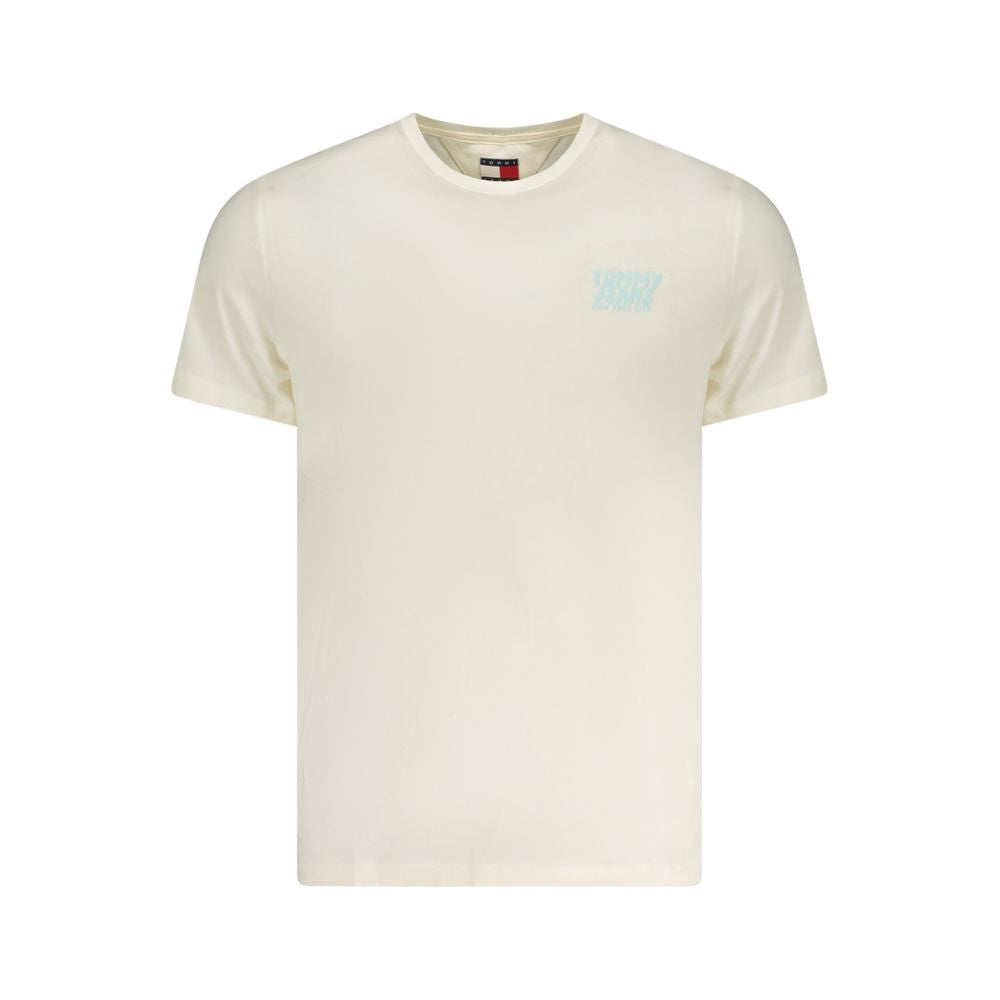 Tommy Hilfiger Beige Cotton Men T-Shirt with short sleeves, crew neck, and iconic logo, perfect for sustainable fashion.