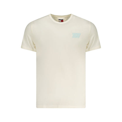 Tommy Hilfiger Beige Cotton Men T-Shirt with short sleeves, crew neck, and iconic logo, perfect for sustainable fashion.