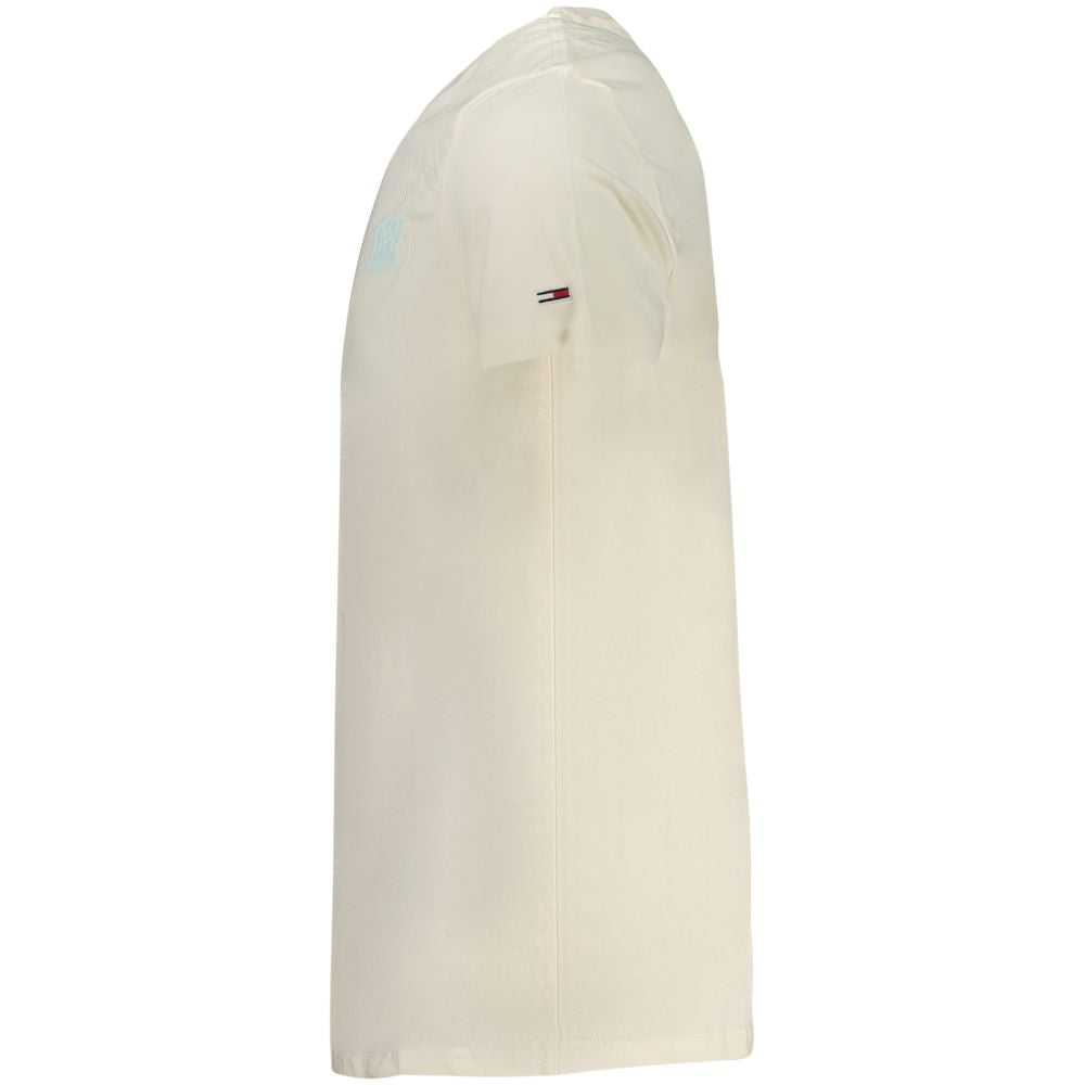 Tommy Hilfiger Beige Cotton Men T-Shirt side view showcasing short sleeves and crew neck.