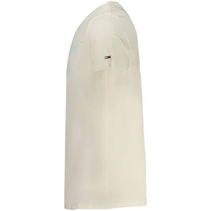 Tommy Hilfiger Beige Cotton Men T-Shirt side view showcasing short sleeves and crew neck.