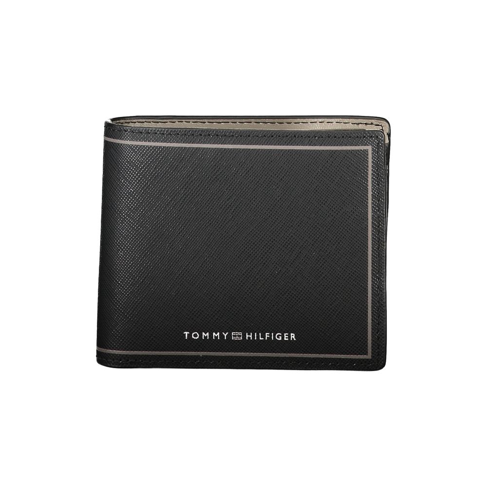 Tommy Hilfiger Black Leather Wallet with 2 compartments, coin purse, card slots, contrast details, and logo