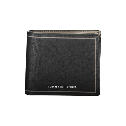 Tommy Hilfiger Black Leather Wallet with 2 compartments, coin purse, card slots, contrast details, and logo