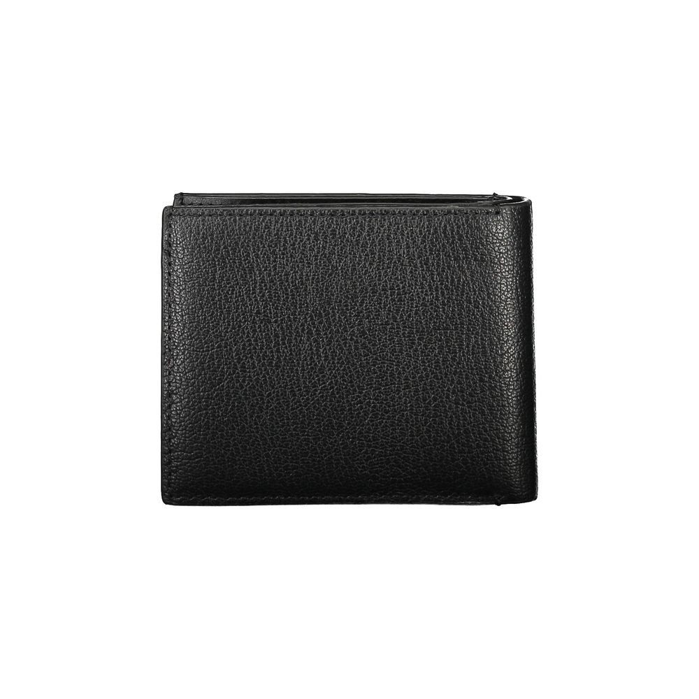 Calvin Klein Black Leather Wallet with 2 compartments, coin purse, card spaces, RFID block, and logo.