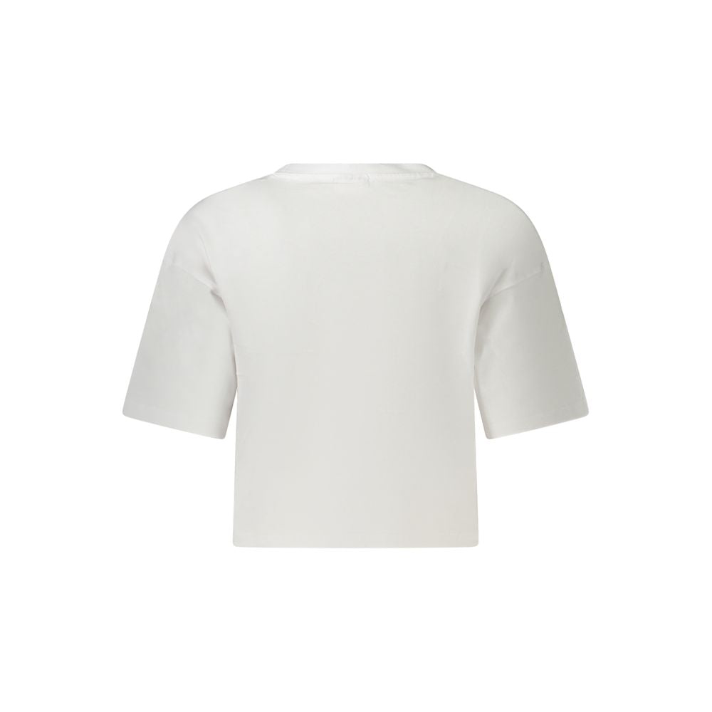Back view of Fila White Cotton Women T-Shirt showcasing loose cropped design and soft organic cotton material.