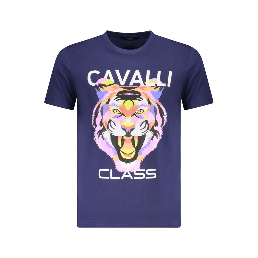 Cavalli Class Blue Cotton Men T-Shirt with vibrant tiger print, crew neck, and iconic logo, showcasing bold and luxurious style.