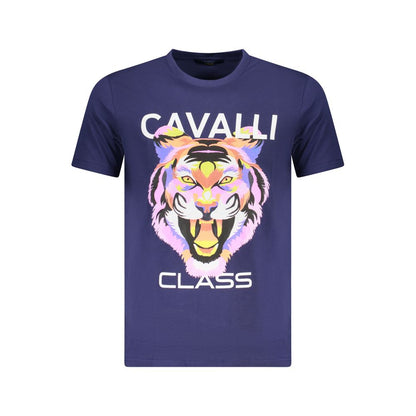 Cavalli Class Blue Cotton Men T-Shirt with vibrant tiger print, crew neck, and iconic logo, showcasing bold and luxurious style.