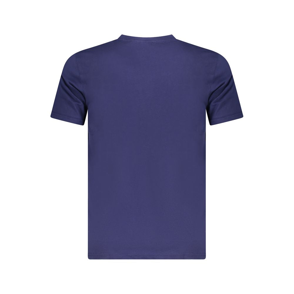 Cavalli Class Blue Cotton Men T-Shirt with short sleeves and crew neck, showcasing stylish print and logo on blue fabric.