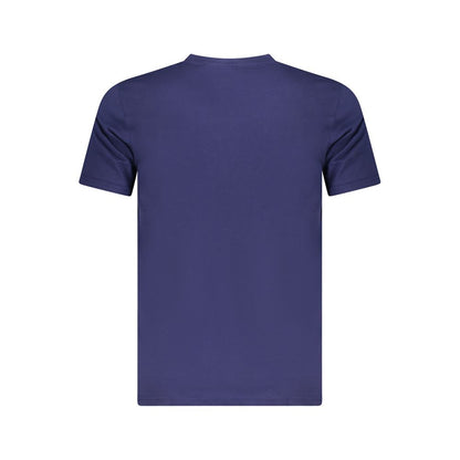 Cavalli Class Blue Cotton Men T-Shirt with short sleeves and crew neck, showcasing stylish print and logo on blue fabric.
