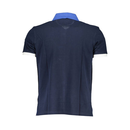 Back view of La Martina Blue Cotton Mens Polo Shirt with contrasting collar and cuffs, showcasing elegant style and comfort.