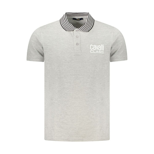 Cavalli Class Gray Cotton Polo Shirt with short sleeves, 3 buttons, contrasting details, and logo print.