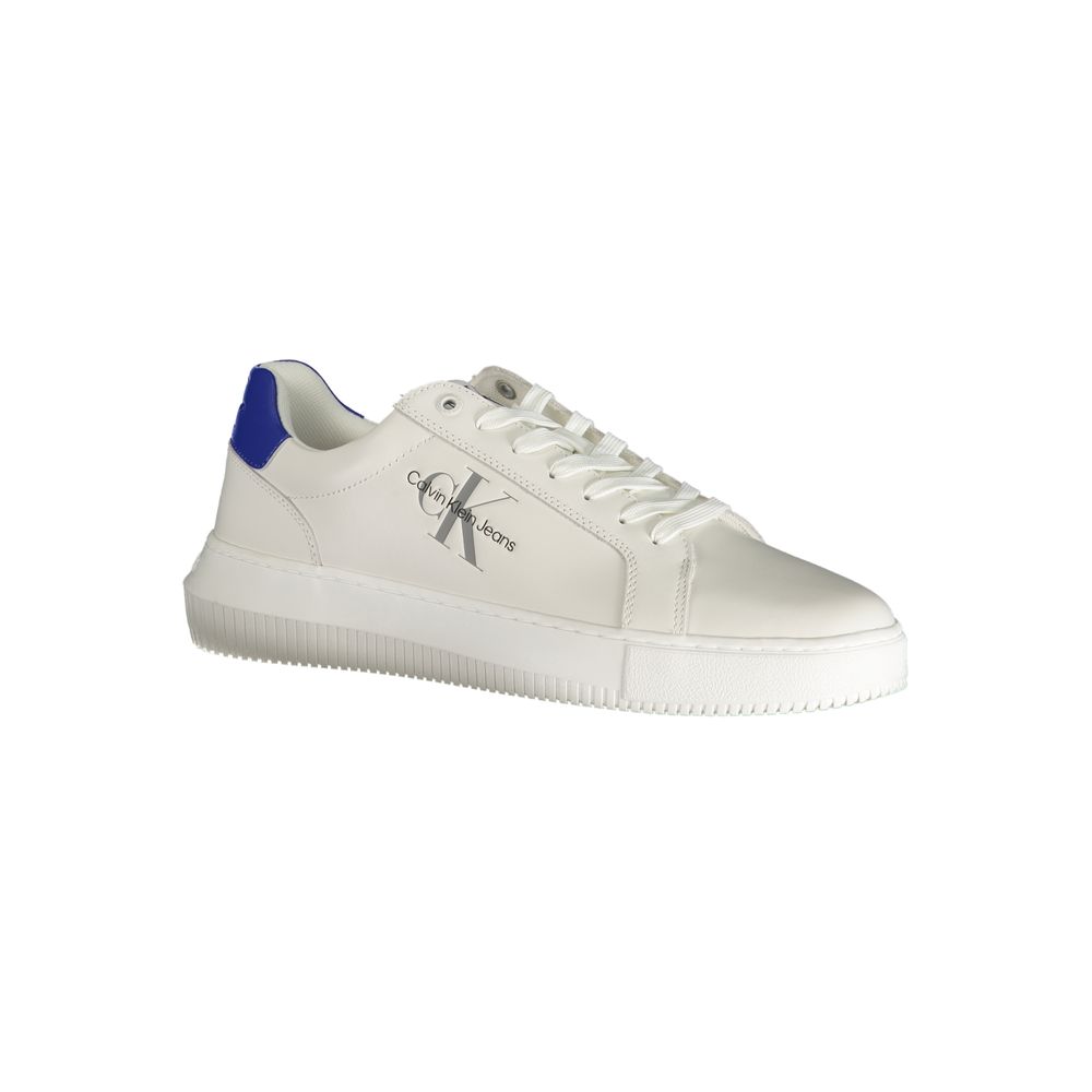 Calvin Klein White Polyester Sneaker with laces, contrast details, and logo, made from 50% recycled polyester, sports shoe style.
