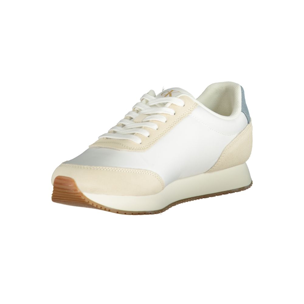 Alt Tag: Calvin Klein White Polyester Men Sneaker with blue and beige detailing, perfect for high-fashion athleticism and custom comfort.