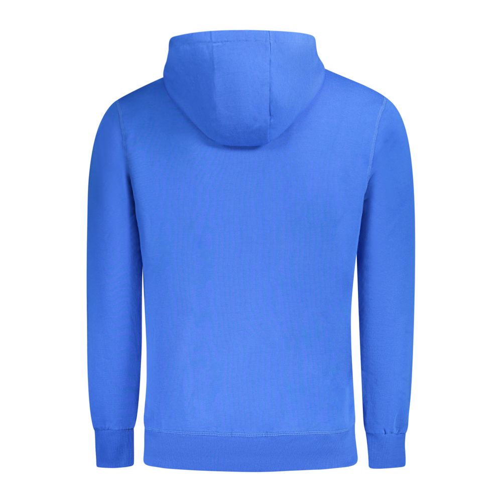 Back view of North Sails Blue Cotton Men Sweater in vibrant blue, featuring a hood and long sleeves, perfect for casual outings.