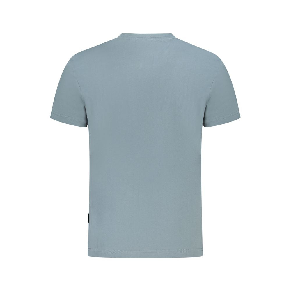 Back view of a blue short sleeve T-shirt