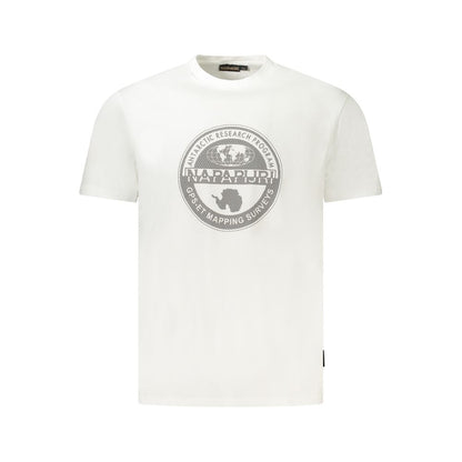 Napapijri White Cotton Men T-Shirt with statement print and logo, crafted with 100% organic cotton for eco-conscious style and comfort.