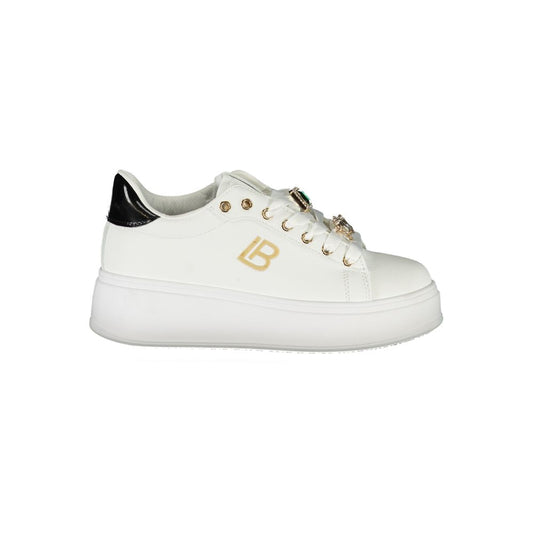 Laura Biagiotti White Synthetic Women Sneaker with rhinestone embellishments and 4 cm wedge for style and comfort.
