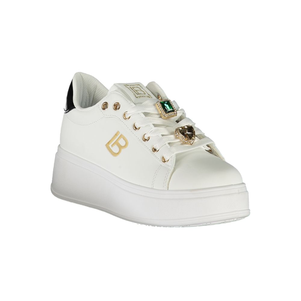 Laura Biagiotti White Synthetic Women Sneaker with rhinestone embellishments and a 4 cm wedge for style and comfort.