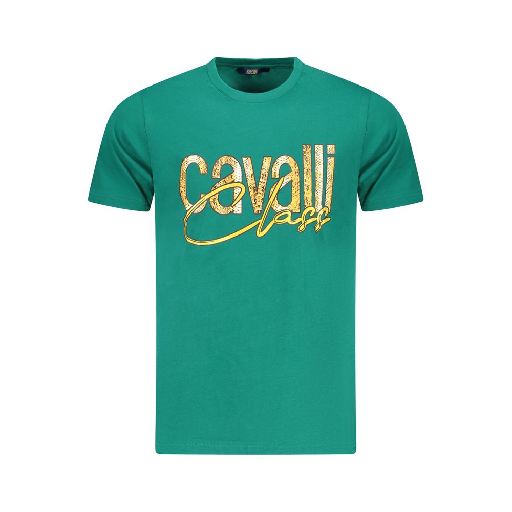 Cavalli Class Green Cotton Men T-Shirt with logo, crew neck, and bold print, ideal for fashion-forward style and comfort.